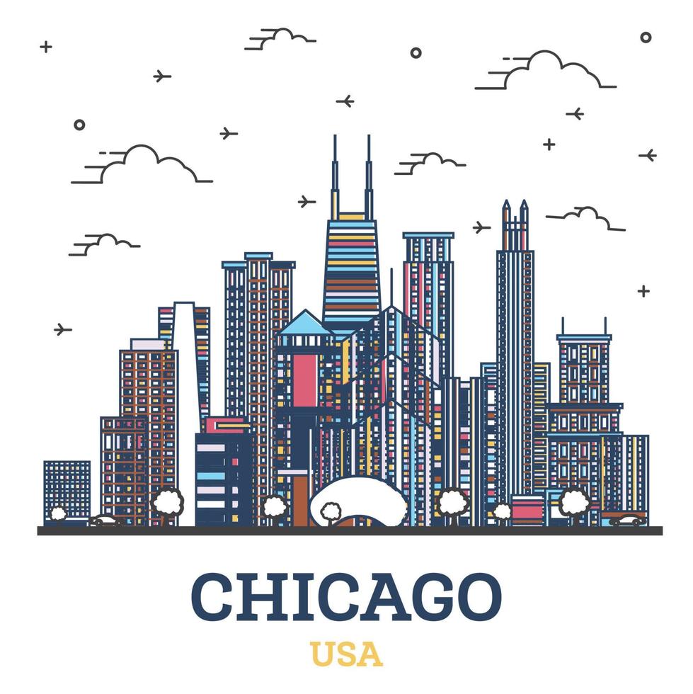 contour chicago illinois usa city skyline avec des bâtiments modernes colorés isolés sur blanc. vecteur