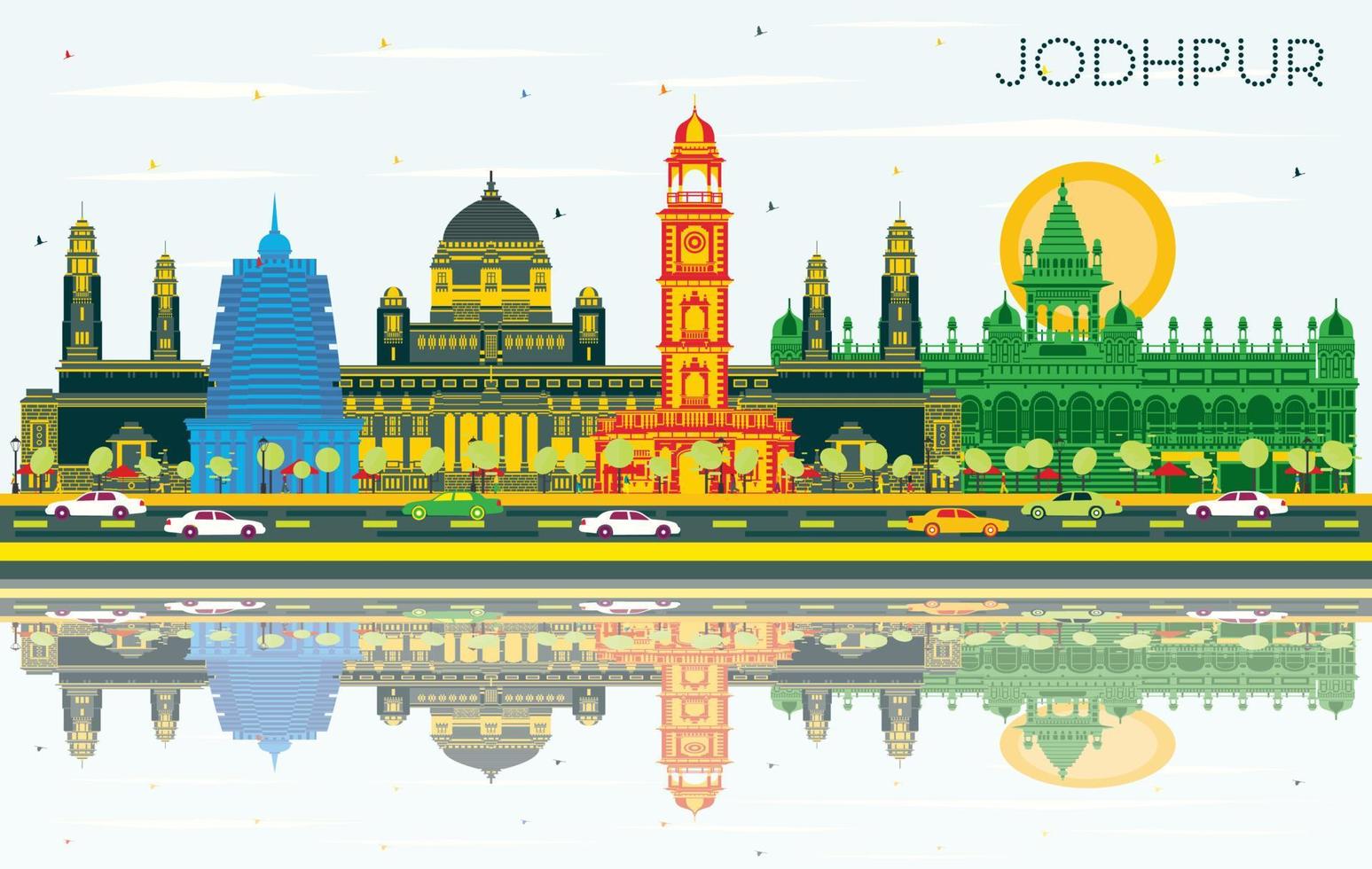 horizon de la ville de jodhpur en inde avec des bâtiments de couleur, un ciel bleu et des reflets. vecteur