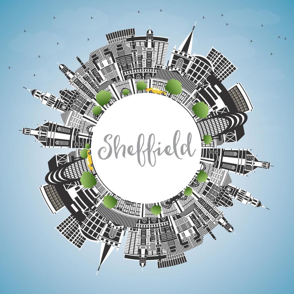 horizon de la ville de sheffield au royaume-uni avec des bâtiments de couleur, un ciel bleu et un espace de copie. vecteur
