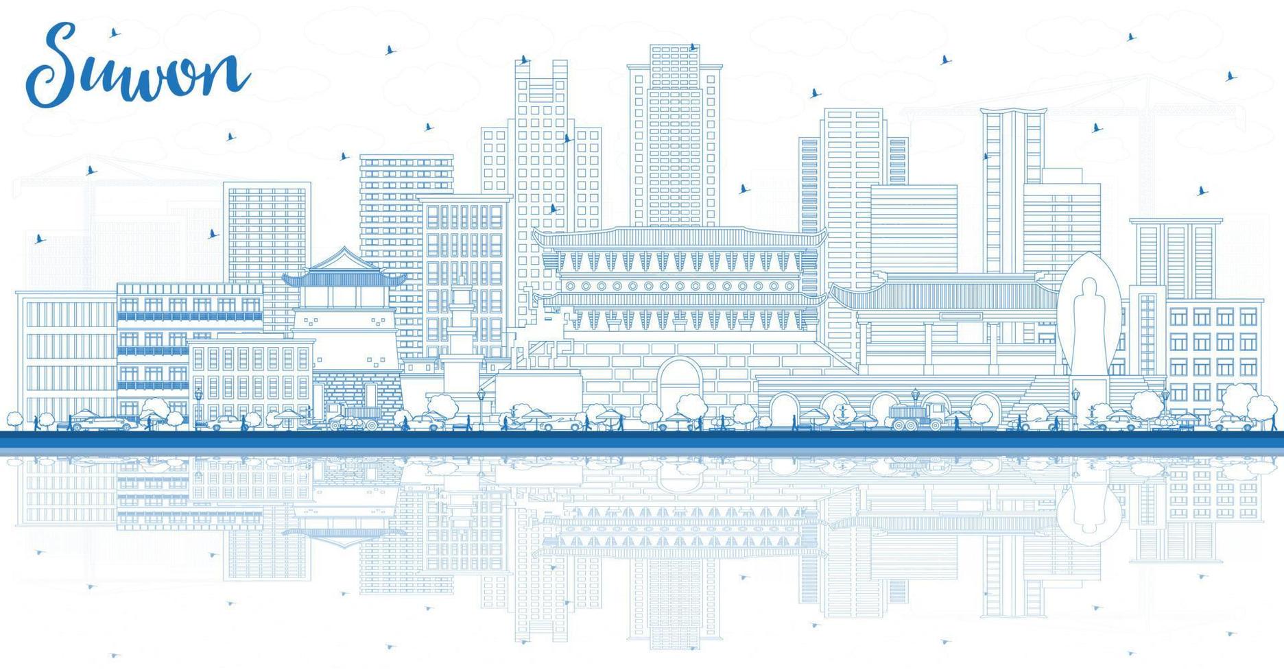 Décrire les toits de la ville de Suwon en Corée du Sud avec des bâtiments bleus et des reflets. vecteur