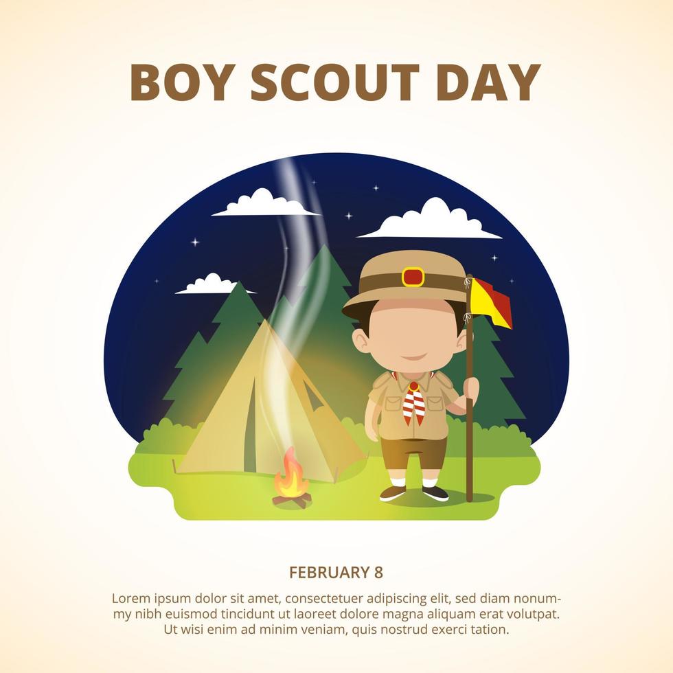 fond de jour de scoutisme avec un garçon scout dans un camp d'été de nuit vecteur