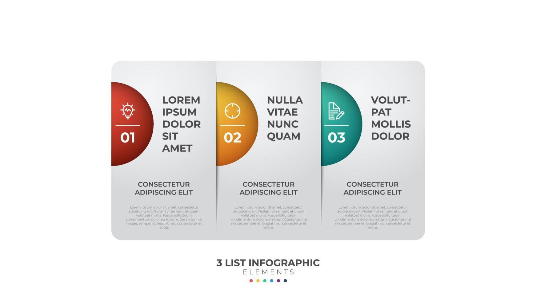 3 liste d'étapes, schéma de disposition horizontale avec nombre de séquences, modèle d'élément infographique coloré et moderne vecteur