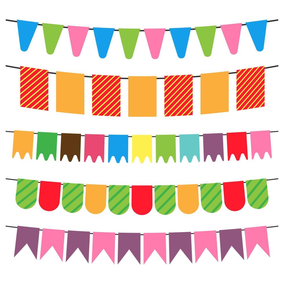 drapeaux colorés et guirlandes de banderoles pour la décoration. éléments de décor avec divers motifs. illustration vectorielle vecteur