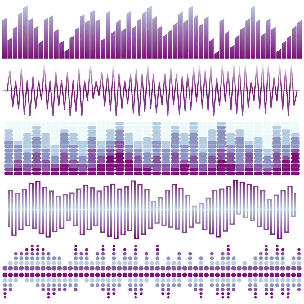 ensemble vectoriel d'ondes sonores violettes. égaliseur audio. ondes sonores et audio isolées sur fond blanc.
