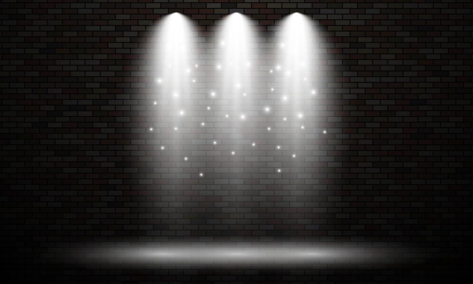 mur de briques avec spots lumineux. trois effets de lumières isolés de couleur blanche sur fond de mur de briques sombres. illustration vectorielle vecteur