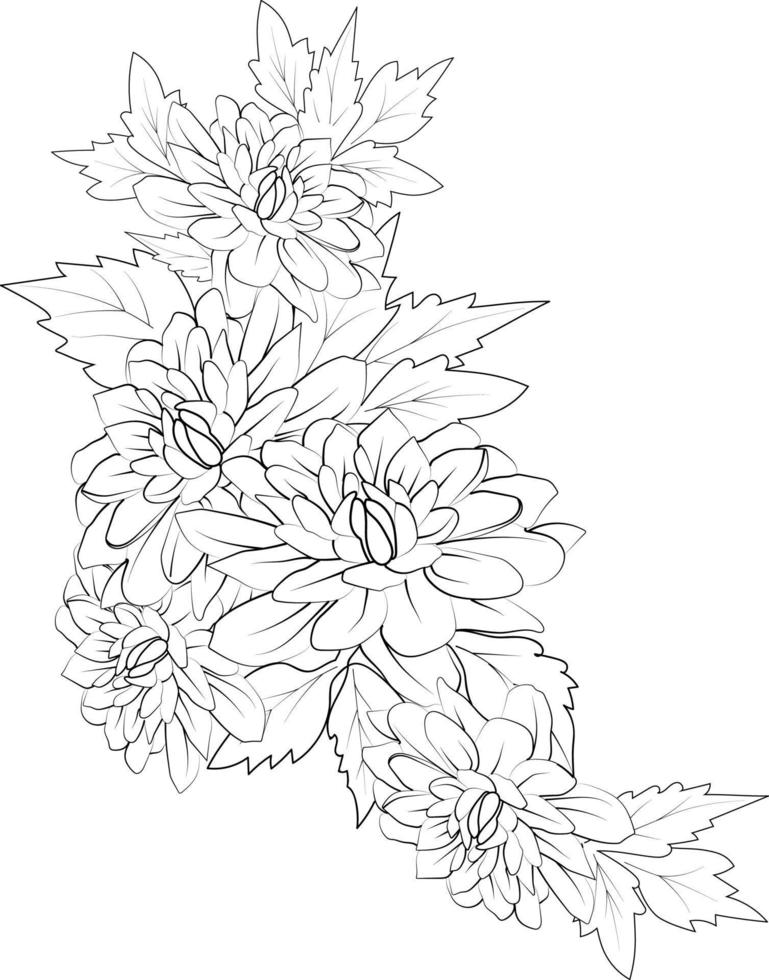 art de croquis de fleur de dahlia, style vintage imprimé pour des pages à colorier de fleurs mignonnes.illustration vectorielle d'une belle fleur avec un bouquet de dahlia nénuphar et de feuilles. isolé sur fond blanc. vecteur