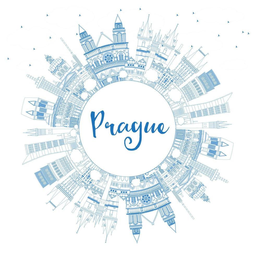 Décrire les toits de la ville de prague en république tchèque avec des bâtiments bleus et un espace de copie. vecteur