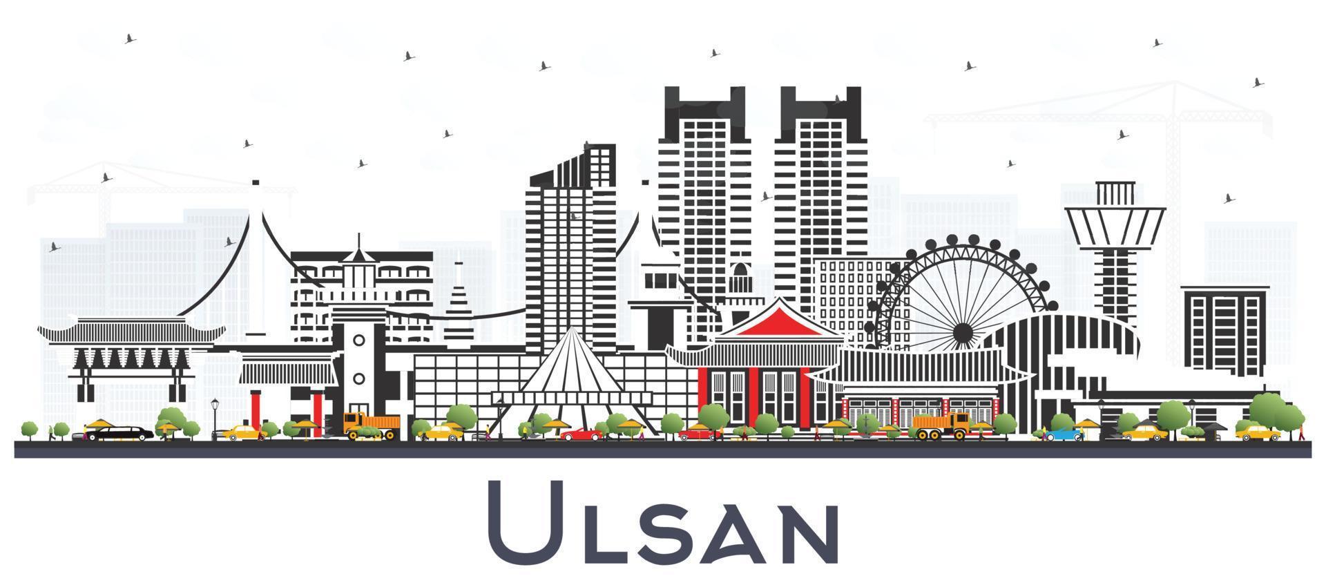 horizon de la ville d'ulsan en corée du sud avec des bâtiments de couleur isolés sur blanc. vecteur