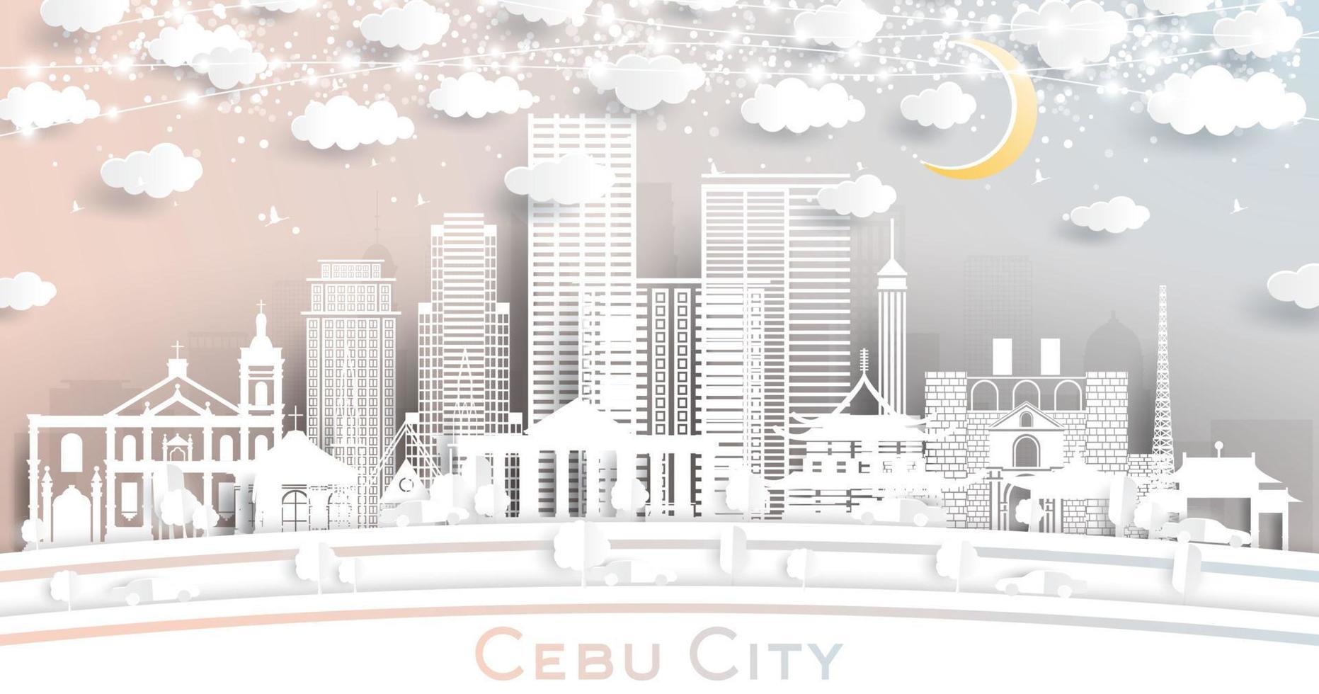 horizon de la ville de cebu aux philippines en style papier découpé avec des bâtiments blancs, une guirlande de lune et de néon. vecteur