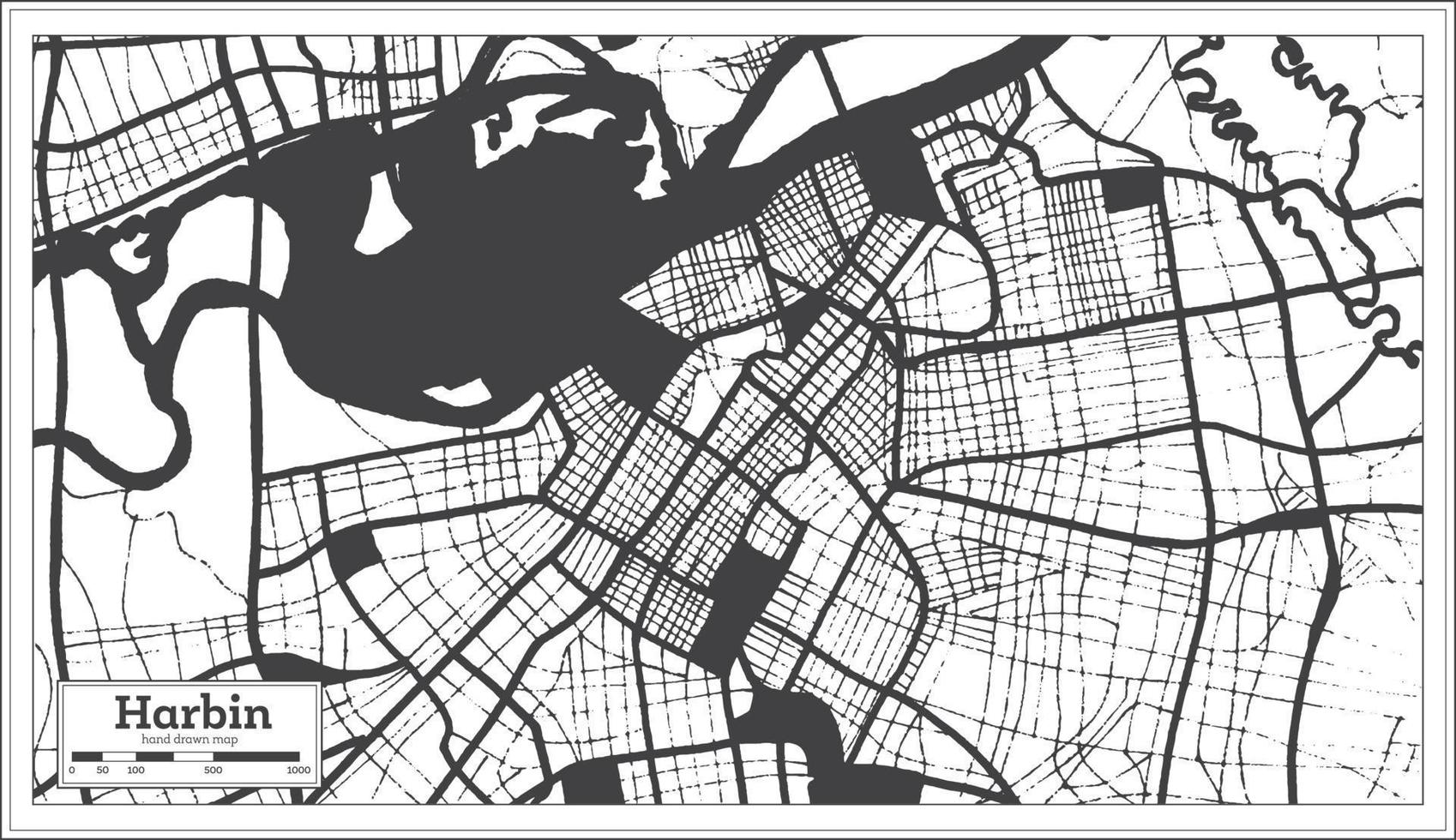 plan de la ville de harbin en chine en noir et blanc dans un style rétro. carte muette. vecteur