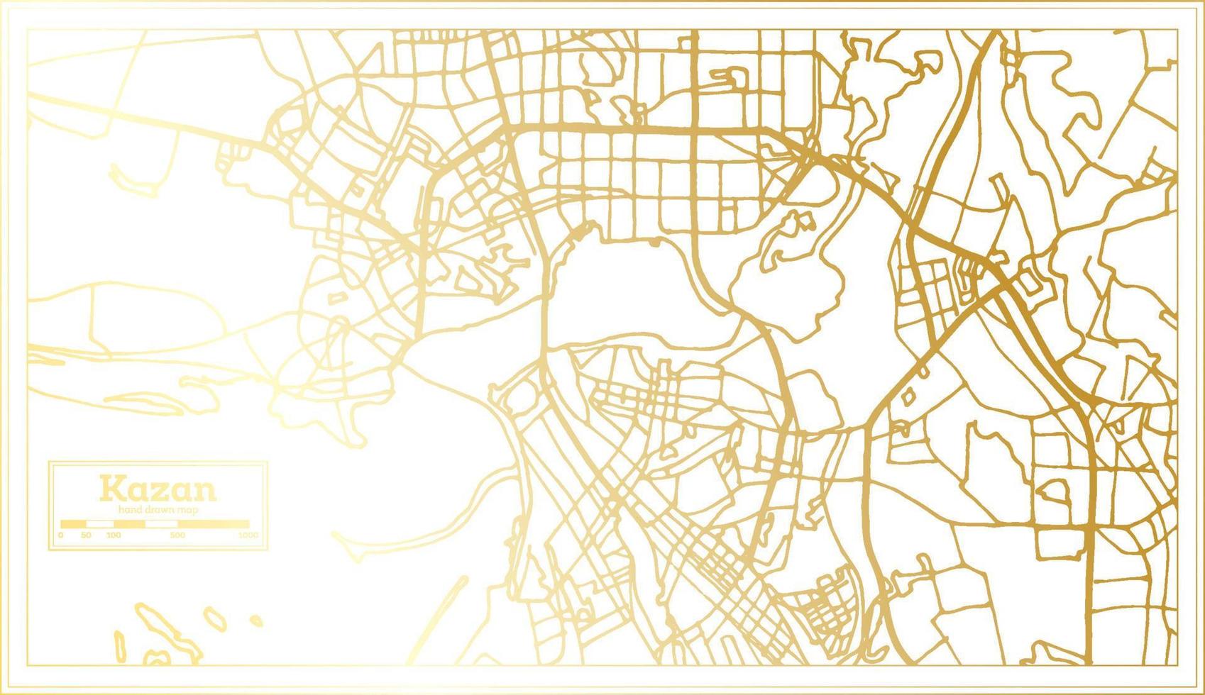 plan de la ville de kazan en russie dans un style rétro de couleur dorée. carte muette. vecteur