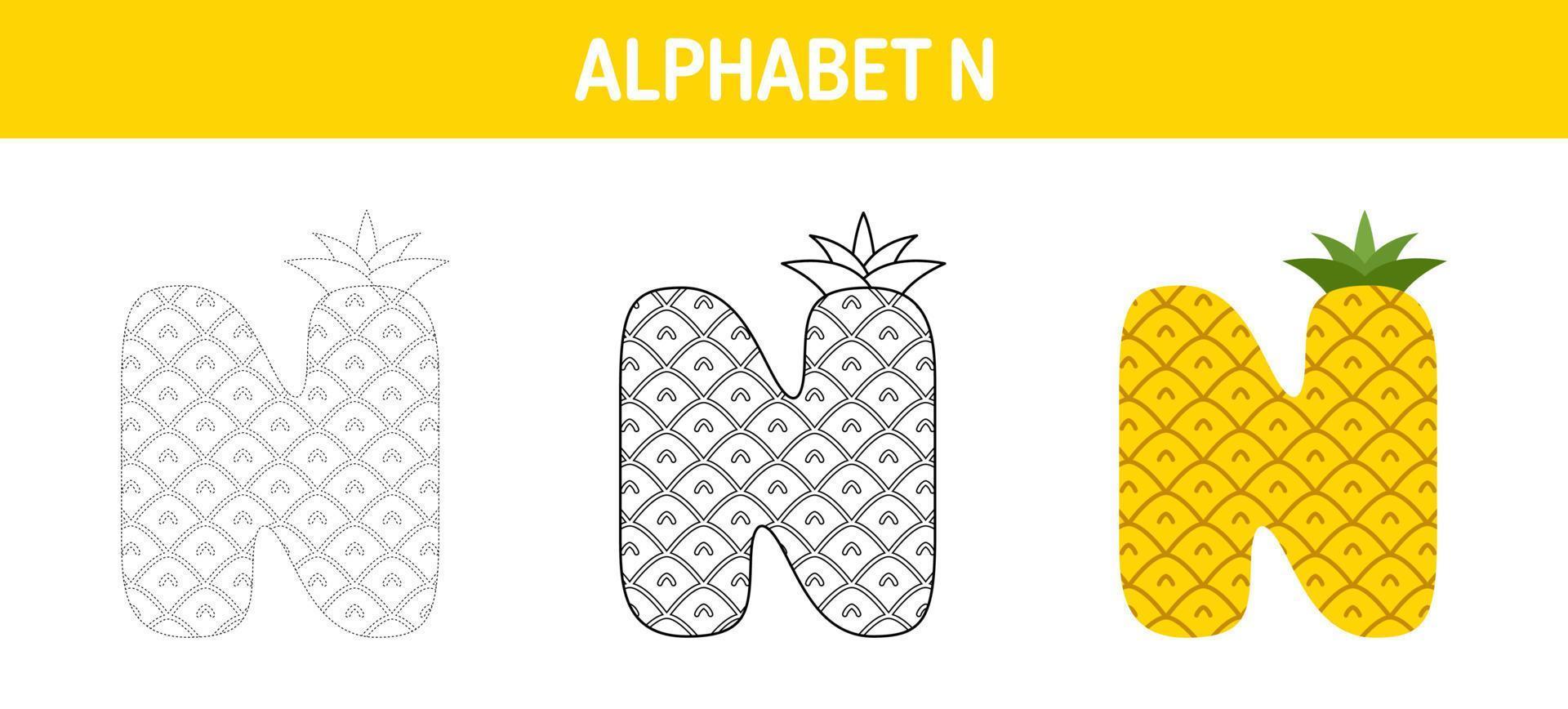 feuille de travail de traçage et de coloriage de l'alphabet n pour les enfants vecteur