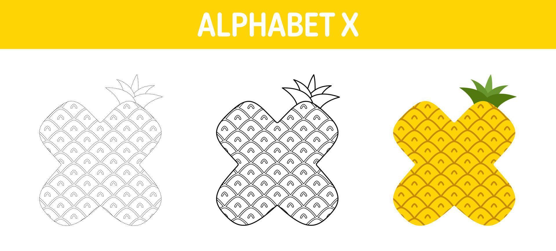 feuille de travail de traçage et de coloriage de l'alphabet x pour les enfants vecteur