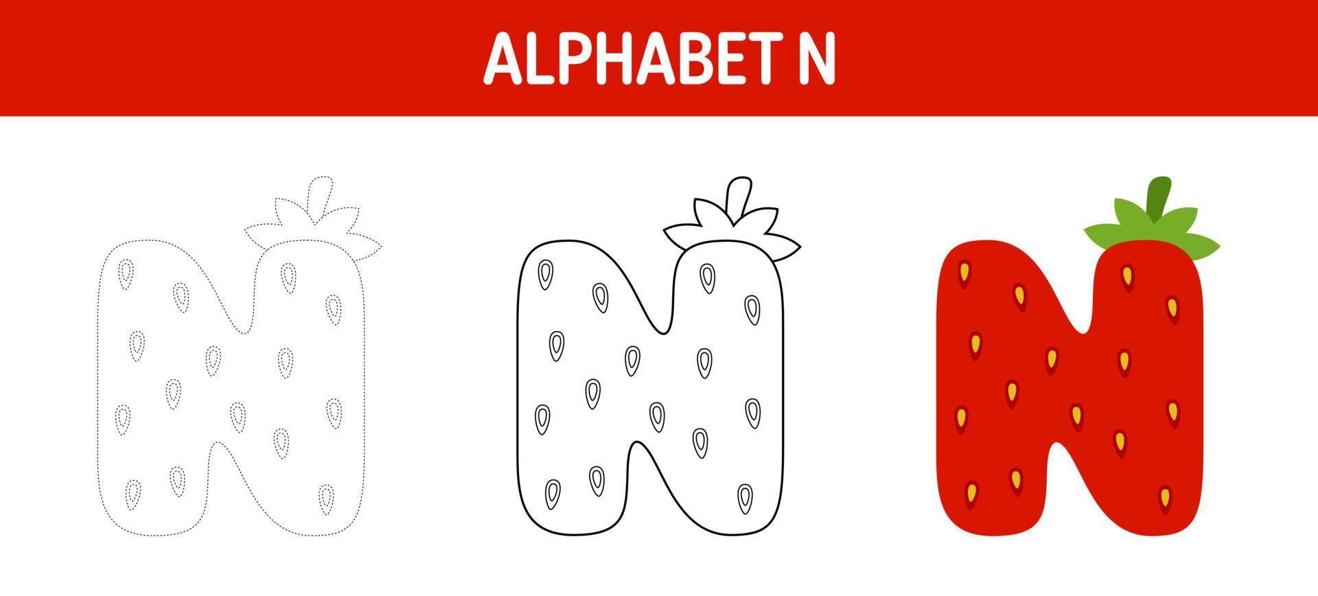 feuille de travail de traçage et de coloriage de l'alphabet n pour les enfants vecteur