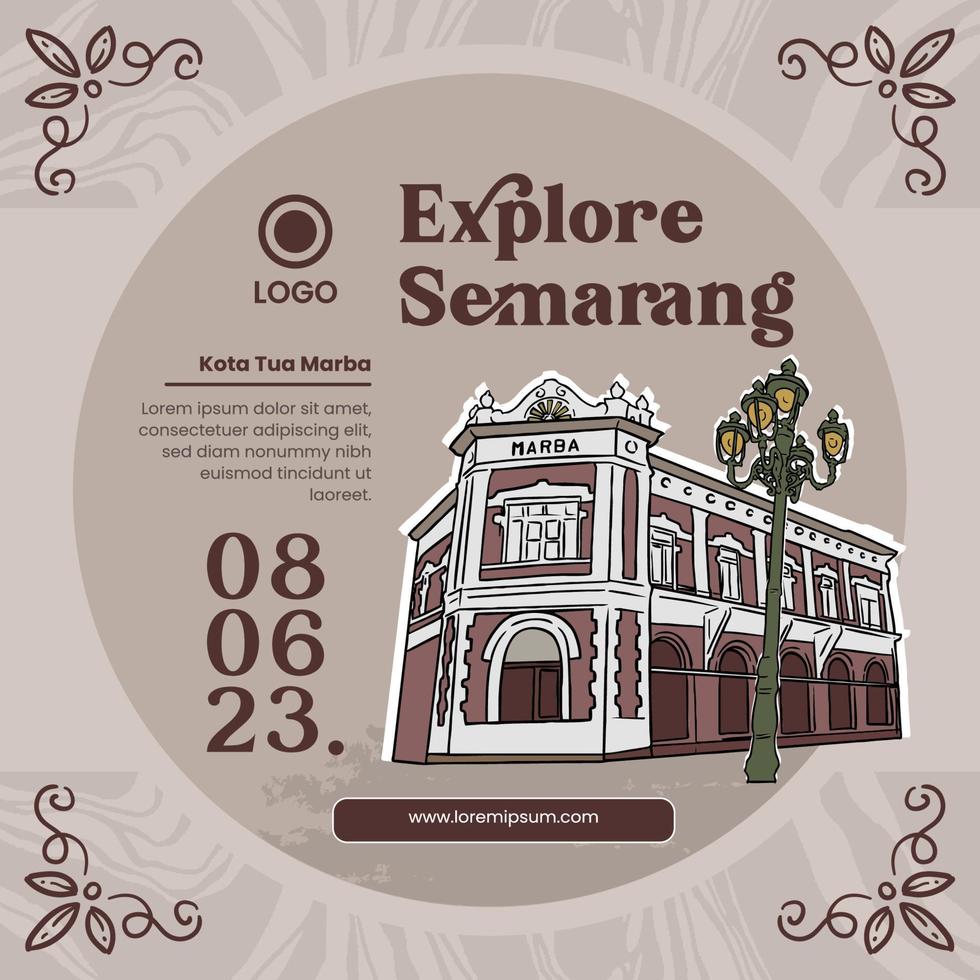 explorez semarang avec une illustration de la vieille ville pour une publication sur les réseaux sociaux vecteur