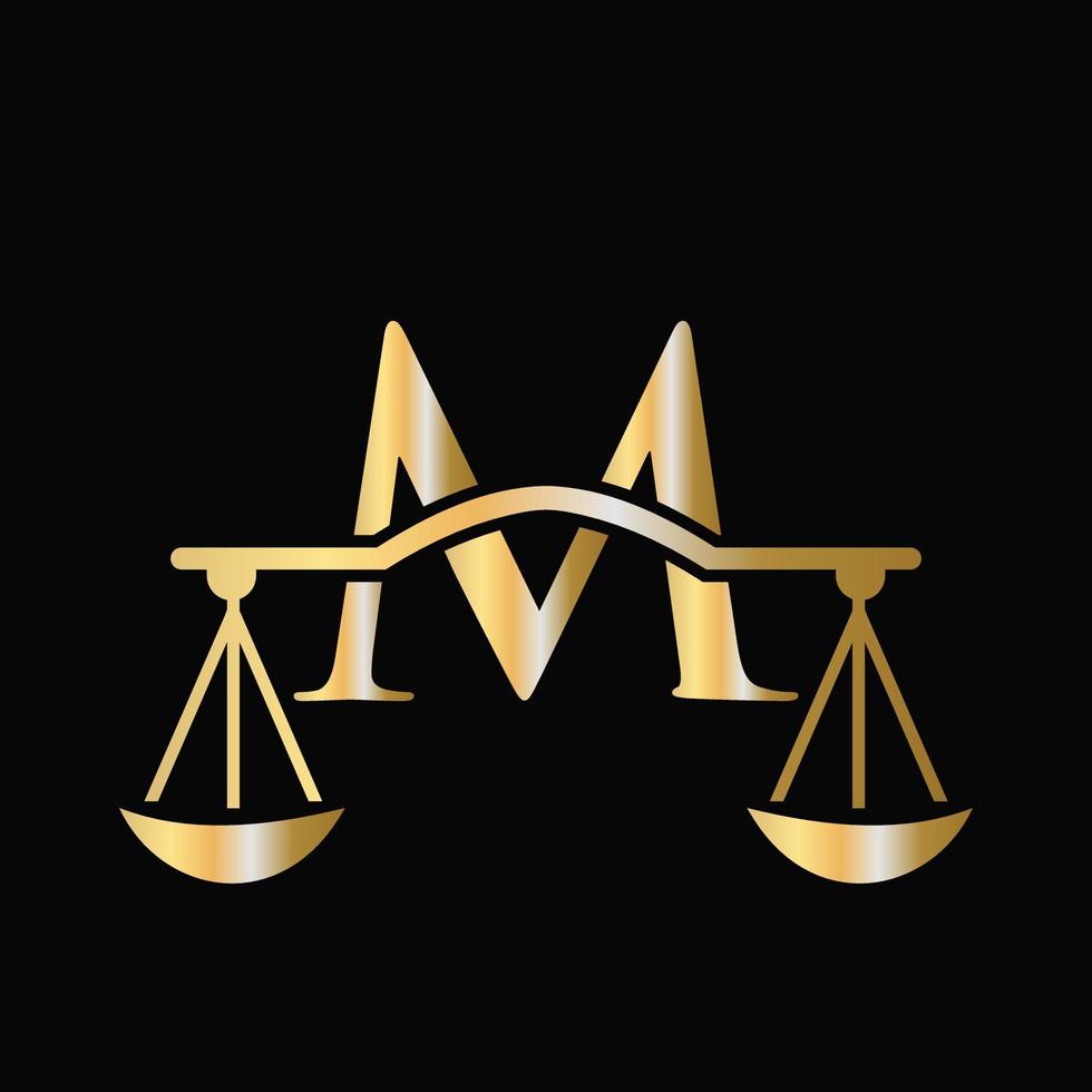 création de logo de loi d'avocat à l'échelle de la lettre m. pilier initial, cabinet d'avocats, conception de signe d'avocat vecteur