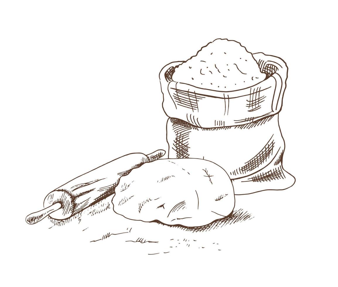 illustration de croquis dessinés à la main de vecteur de pâte, rouleau à pâtisserie et sac de farine. dessin isolé sur fond blanc. icône de croquis et élément de boulangerie.