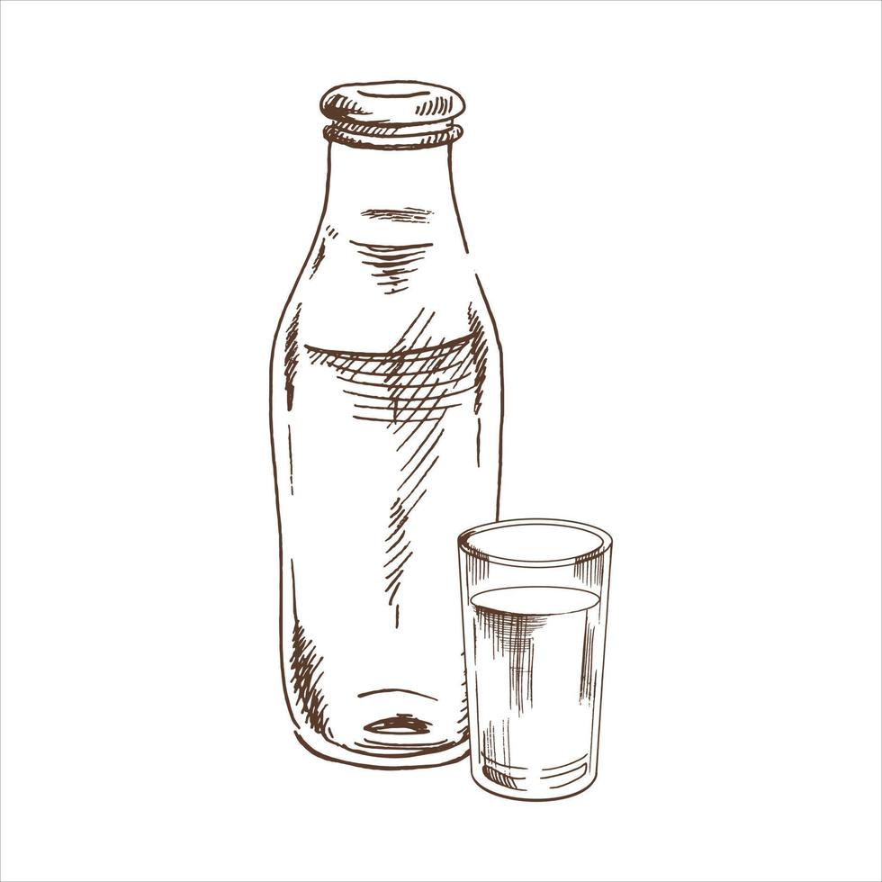 une illustration dessinée à la main d'une bouteille de lait et d'un verre. un dessin mis en évidence sur un fond blanc. élément vintage pour la conception d'étiquettes, d'emballages et de cartes postales. vecteur