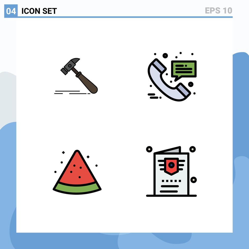 ensemble moderne de 4 pictogrammes de couleurs plates remplies d'éléments de conception vectoriels modifiables de pastèque d'appel d'hôpital fort de fruit de marteau vecteur