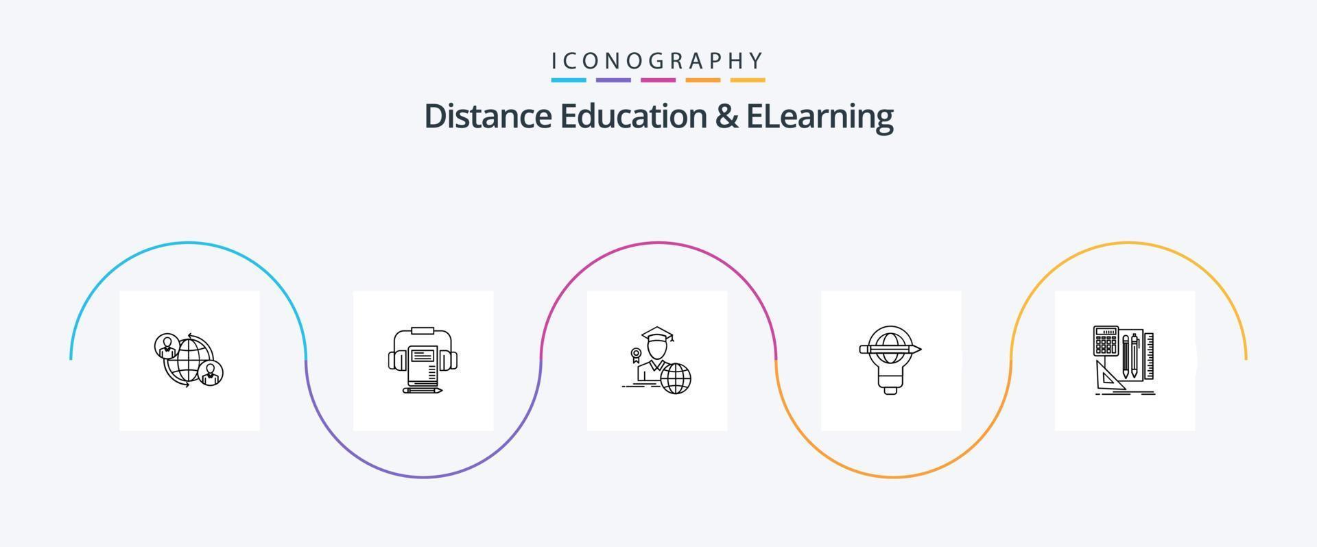 pack d'icônes de la ligne 5 de l'enseignement à distance et de l'apprentissage en ligne, y compris la lumière. globe. livre. stylo. savant vecteur