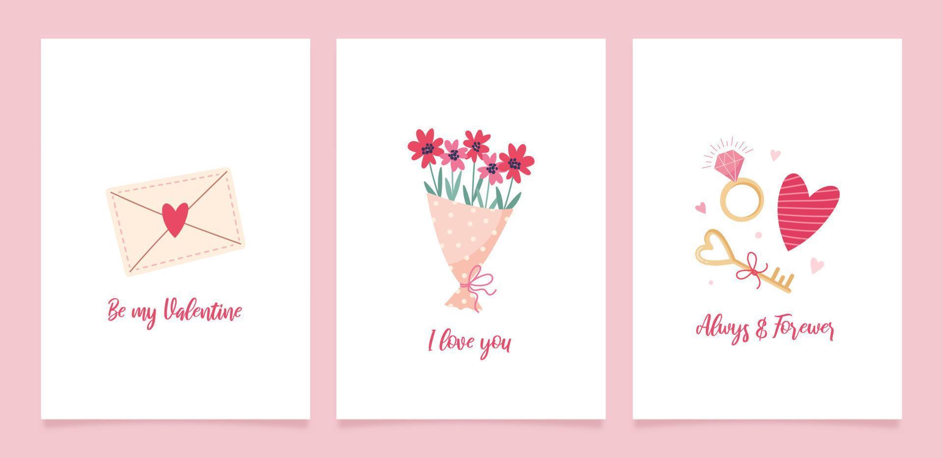 jeu de cartes de voeux pour la saint valentin. illustrations vectorielles mignonnes avec éléments décoratifs festifs, coeur, bouquet, arc-en-ciel boho, bonbons et inscriptions. vecteur