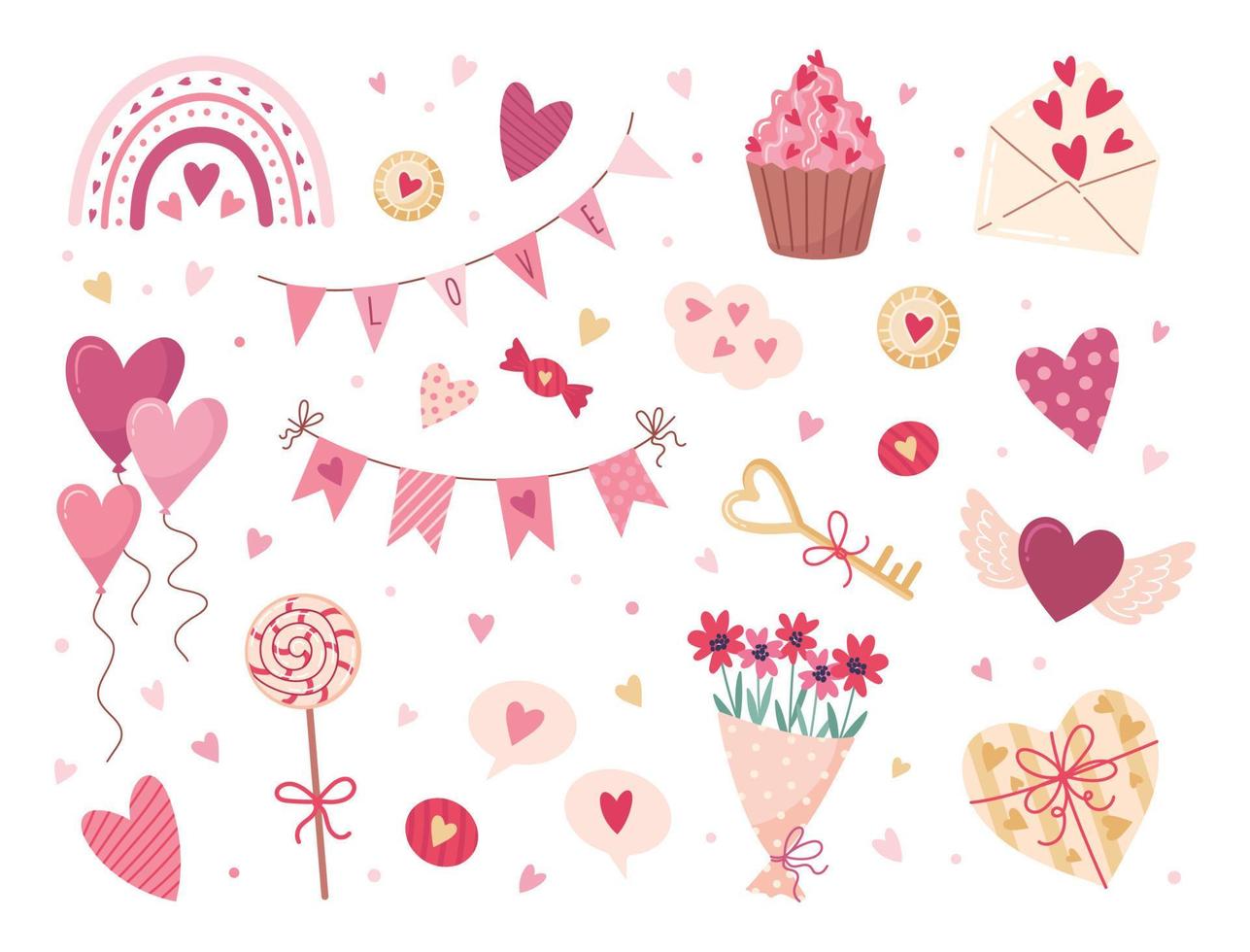 ensemble d'éléments de la saint-valentin. cadeau, coeur, ballon, fleurs, cupcake, boucket, bonbons et autres pour la décoration. style de dessin animé d'autocollants. illustration vectorielle. vecteur