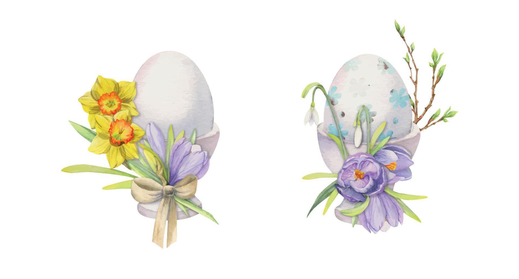 clipart de célébration de pâques dessiné à la main à l'aquarelle. oeufs peints dans des tasses en porcelaine avec feuilles, fleurs, couleur pastel isolés sur fond blanc. pour les invitations, les cadeaux, les cartes de vœux, l'impression, le textile vecteur