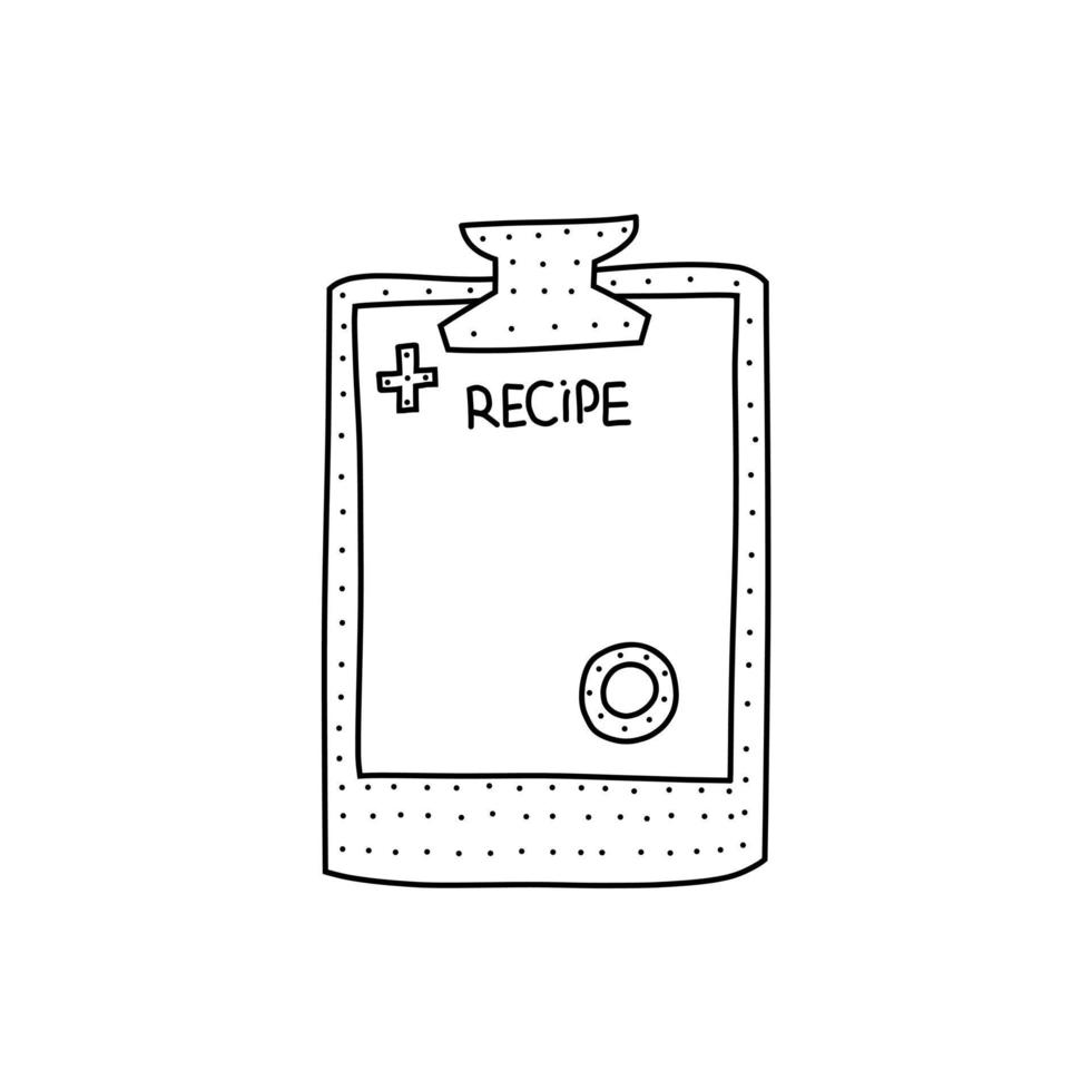 illustration vectorielle dessinée à la main de l'icône de recette médicale dans le style doodle. illustration mignonne du bloc-notes de recette médicale sur fond blanc. vecteur