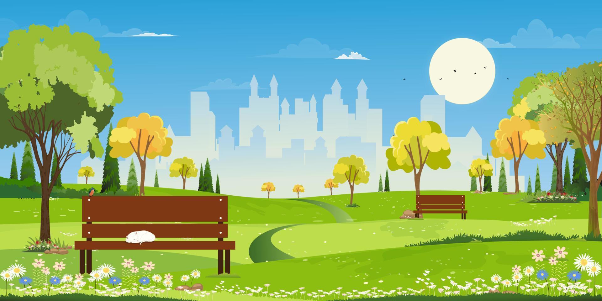 paysage de printemps au parc de la ville, parc public naturel avec fleurs épanouies dans le jardin, scène d'horizon vectorielle de champs verts et bâtiment de paysage urbain avec ciel bleu en été ensoleillé au parc urbain vecteur