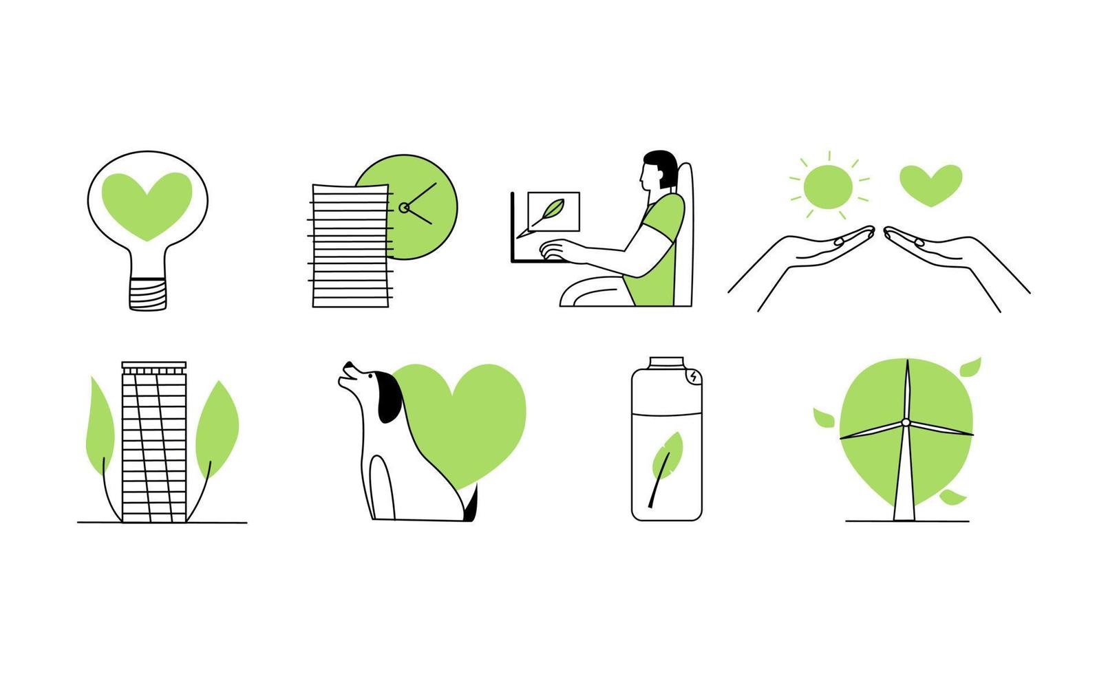 un ensemble d'icônes conceptuelles sur le thème de l'esg. icônes vertes d'environnement durable sertie de mains, moulin à vent, énergie, homme vecteur