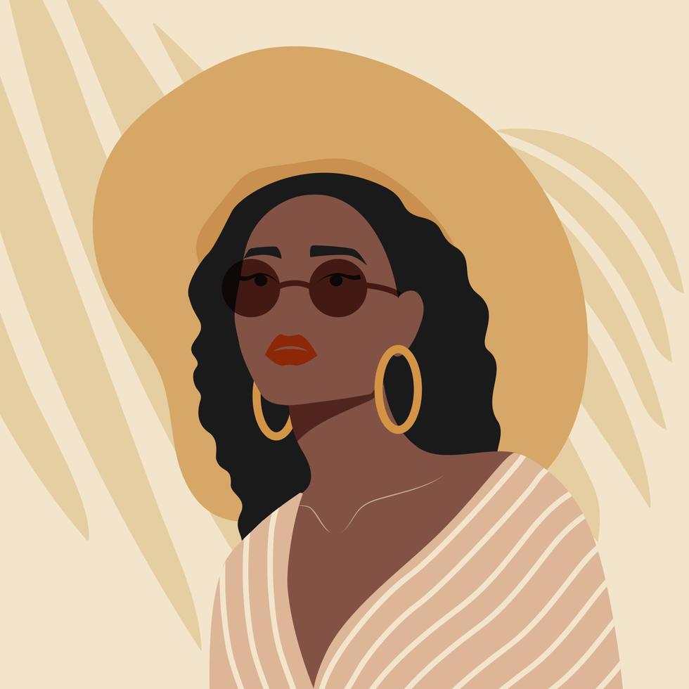 jeune femme afro-américaine au chapeau jaune à large bord. fille noire sur la plage. illustration vectorielle vecteur