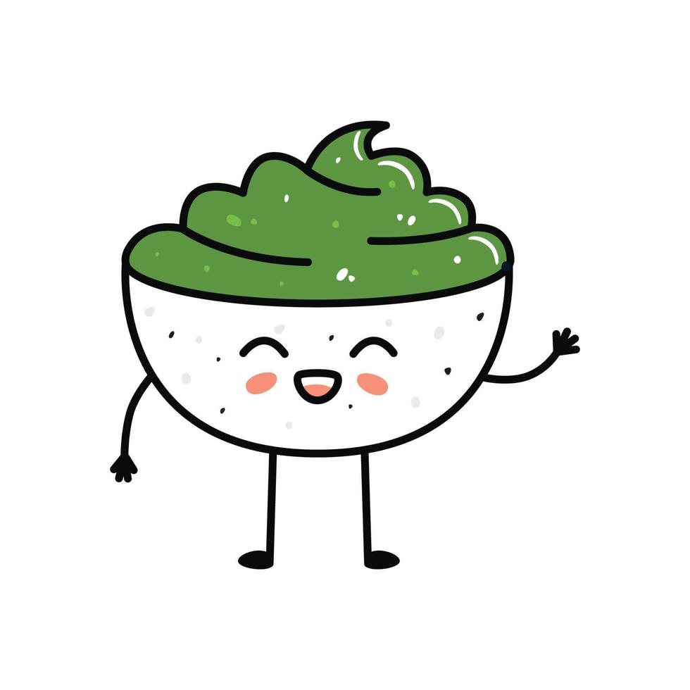 mascotte de sushi kawaii en style dessin animé. joli bol de wasabi pour le menu vecteur