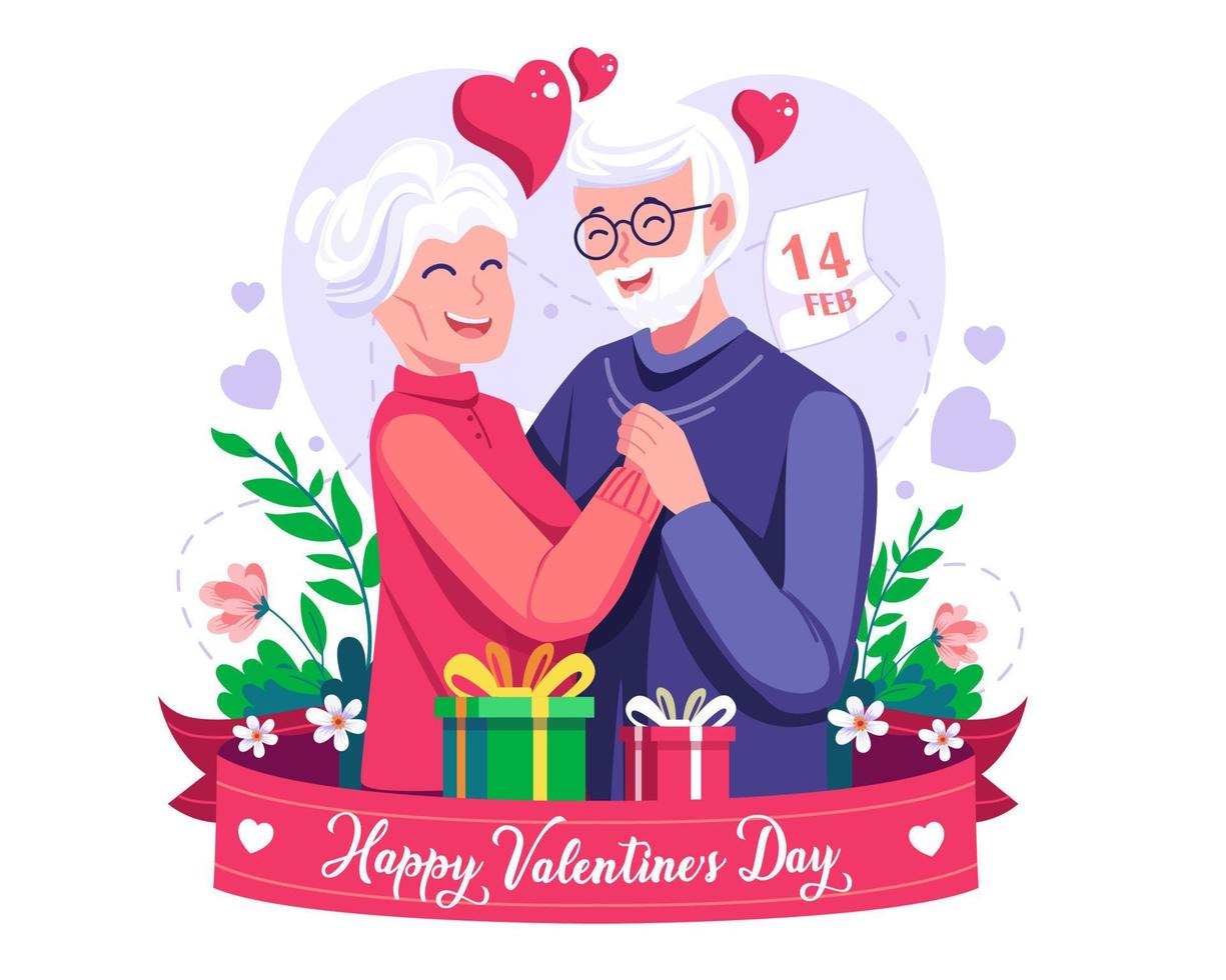 vieux couple homme et femme s'embrassant. un vieux couple amoureux. Joyeuse saint Valentin. illustration vectorielle dans un style plat vecteur