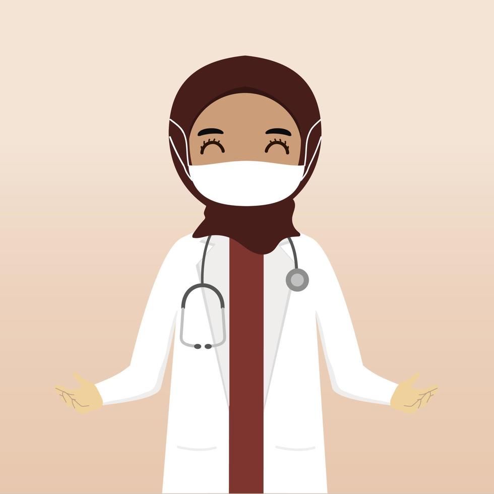 vue de face personnage de médecin hijab musulman. création de personnage de médecin avec vues, émotion du visage, pose, geste et masque. style cartoon, illustration vectorielle plane. femme médecin avec masque vecteur