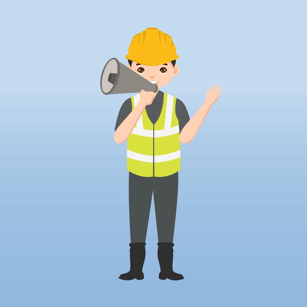 architecte, technicien et constructeurs et ingénieurs et mécaniciens et travailleurs de la construction travail d'équipe, personnage de dessin animé d'illustration vectorielle. ingénieur avec casque de sécurité jaune sur chantier. vecteur