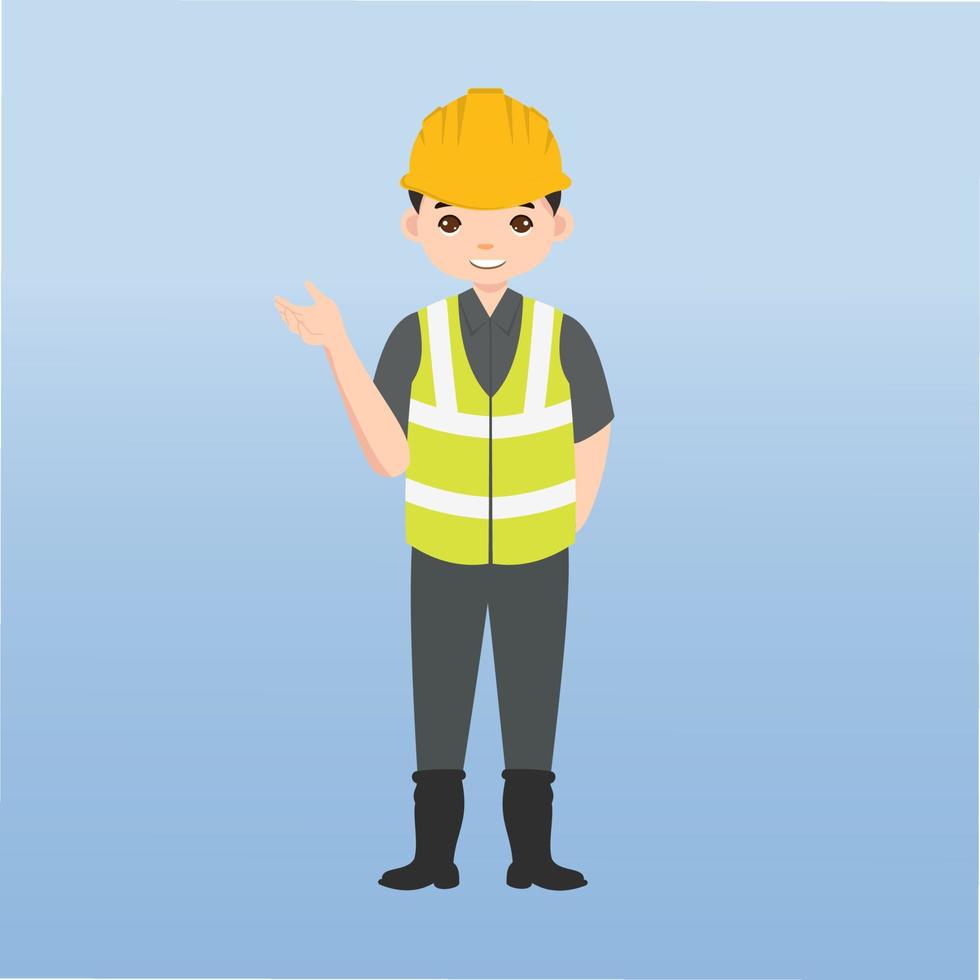 architecte, technicien et constructeurs et ingénieurs et mécaniciens et travailleurs de la construction travail d'équipe, personnage de dessin animé d'illustration vectorielle. ingénieur avec casque de sécurité jaune sur chantier. vecteur