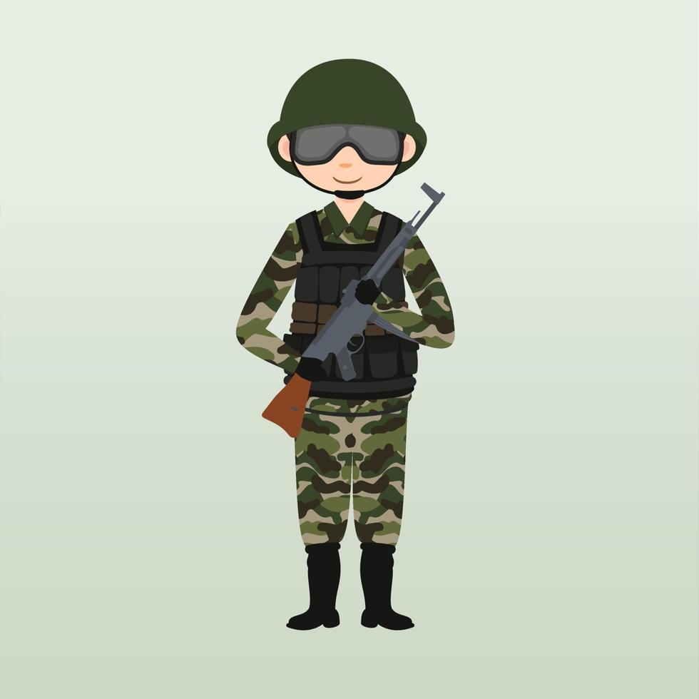 soldat de l'armée, hommes, en uniforme de combat de camouflage saluant. style de dessin animé plat mignon. vecteur de caractère armée ou soldat. le soldat monte la garde. gardes forestiers à la frontière.