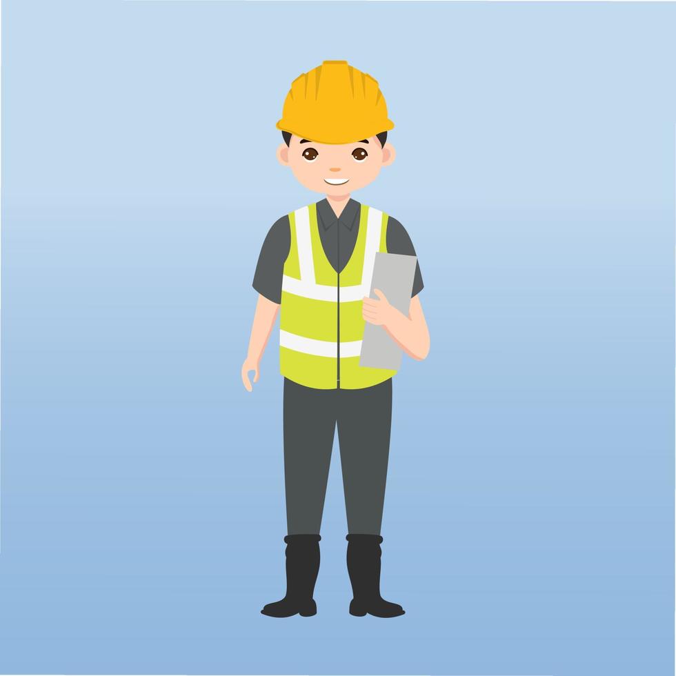 architecte, technicien et constructeurs et ingénieurs et mécaniciens et travailleurs de la construction travail d'équipe, personnage de dessin animé d'illustration vectorielle. ingénieur avec casque de sécurité jaune sur chantier. vecteur