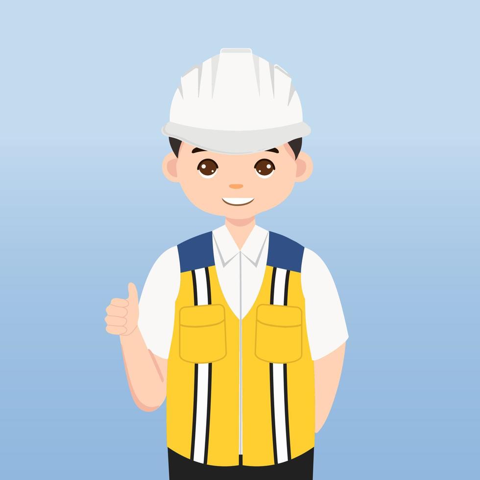 architecte, technicien et constructeurs et ingénieurs et mécaniciens et ouvrier du bâtiment, personnage de dessin animé d'illustration vectorielle. ingénieur avec casque de sécurité blanc et gilet sur chantier. vecteur