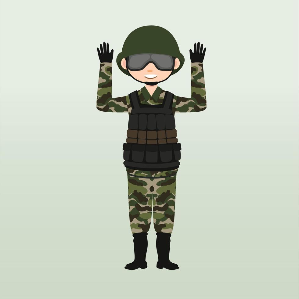 soldat de l'armée, hommes, en uniforme de combat de camouflage saluant. style de dessin animé plat mignon. vecteur de caractère armée ou soldat. le soldat monte la garde. gardes forestiers à la frontière.