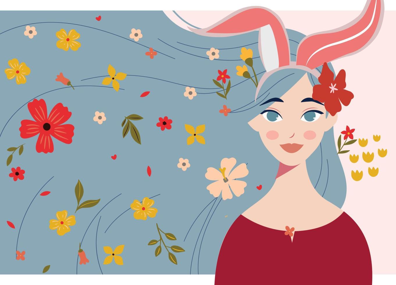 portrait d'une jolie fille lapin, fille aux cheveux longs avec des fleurs, illustration, portraits vecteur