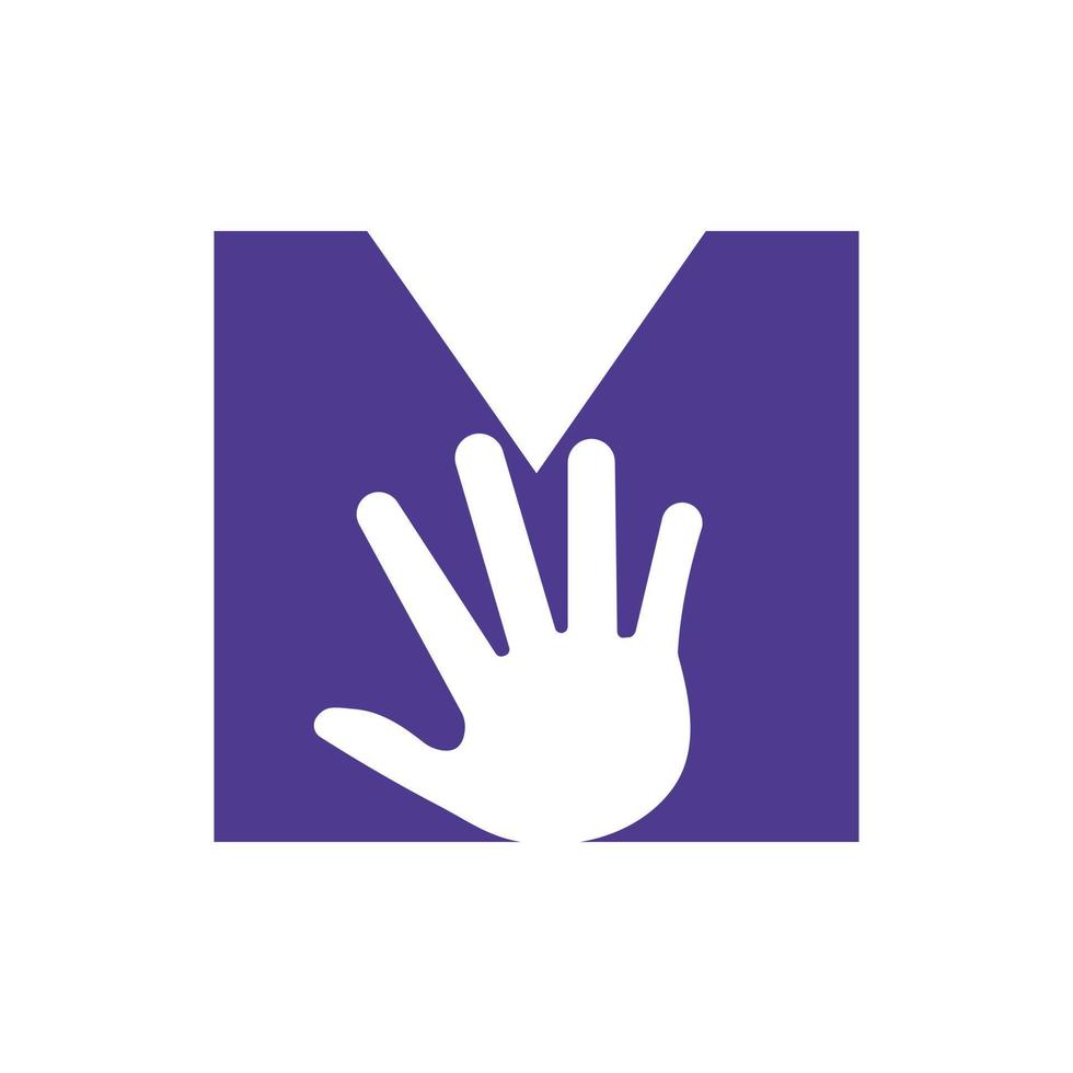 concept de logo de main lettre m pour les soins des mains, signe de charité et modèle vectoriel de symbole de logo de don