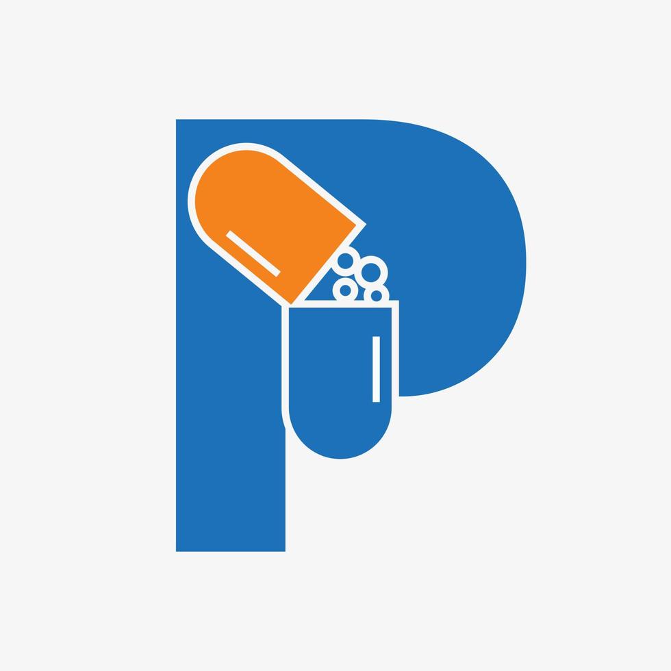 concept de logo de tablette de médecine lettre p pour le modèle vectoriel de signe de logo de soins de santé