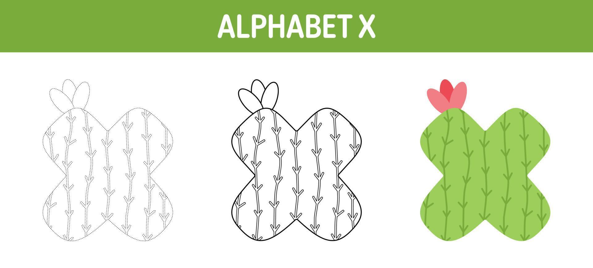 feuille de travail de traçage et de coloriage de l'alphabet x pour les enfants vecteur