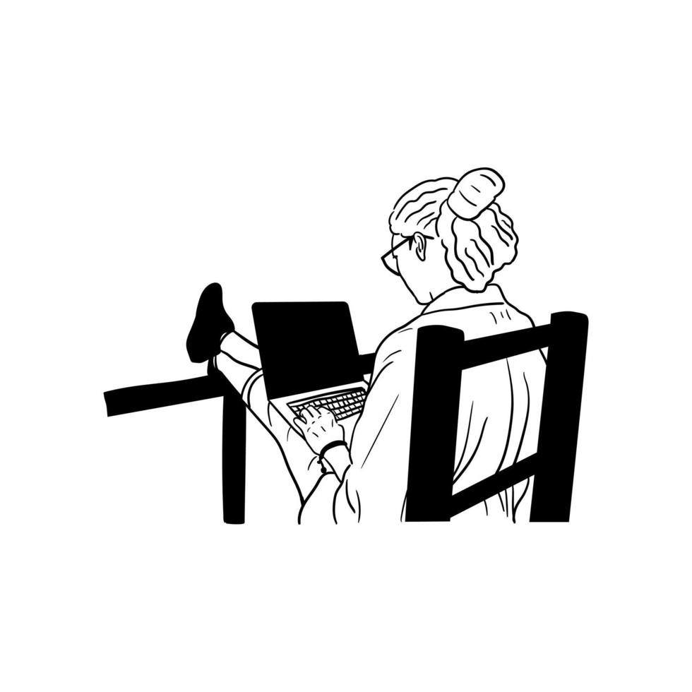 illustration minimaliste d'une femme travaillant devant un ordinateur portable vecteur