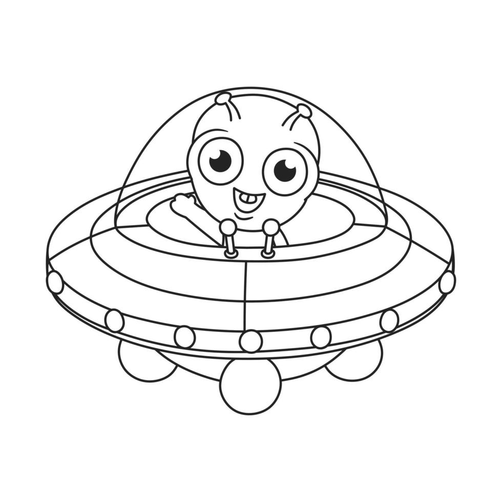 livre de coloriage pour enfants petit extraterrestre agitant à l'intérieur d'un ovni vecteur