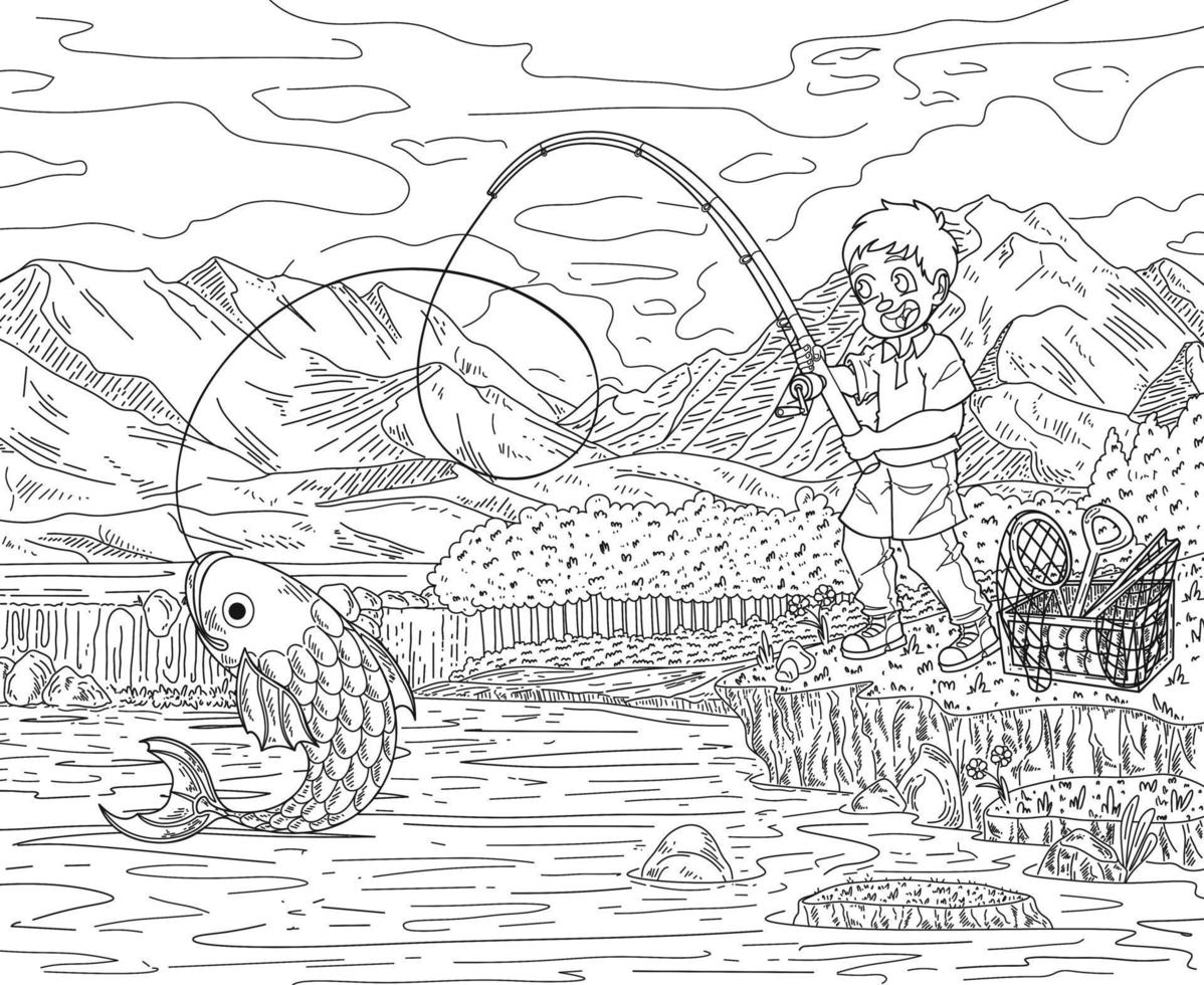 livre de coloriage pour enfants un petit pêcheur au bord du lac avec un paysage naturel vecteur