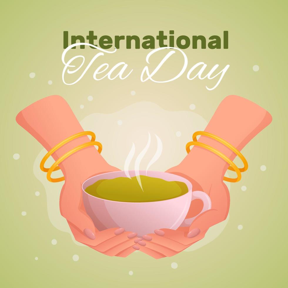 journée internationale du thé 21 mai ou 15 décembre. main de femme tenir une tasse de thé vert. modèle carré de salutation pour les médias sociaux, le site Web ou la carte postale vecteur