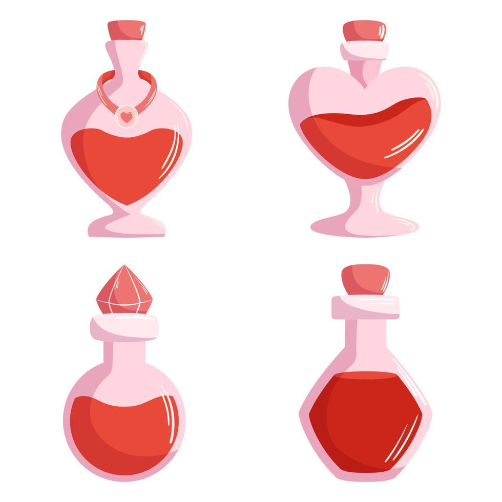 collection de bouteilles de potion d'amour dans un style vectoriel de dessin animé. ensemble d'illustration festive de la saint-valentin.