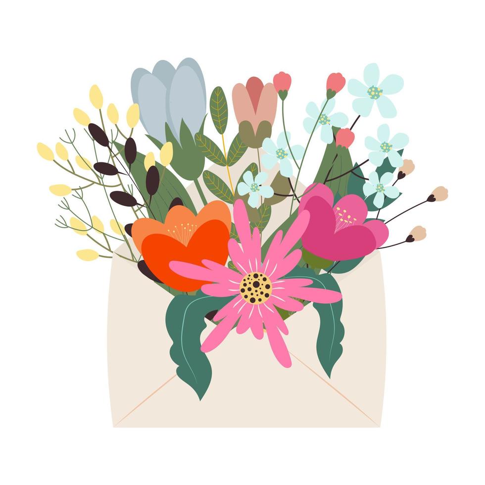 fleurs dans une enveloppe. courrier de printemps floral. Joyeuse saint Valentin. illustration vectorielle vecteur